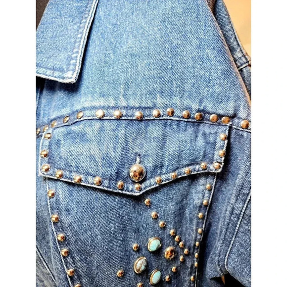 Vintage I.B. Diffusion Denim Jean Jacket Silver & Turquoise Studs Size 1… - Picture 6 of 14